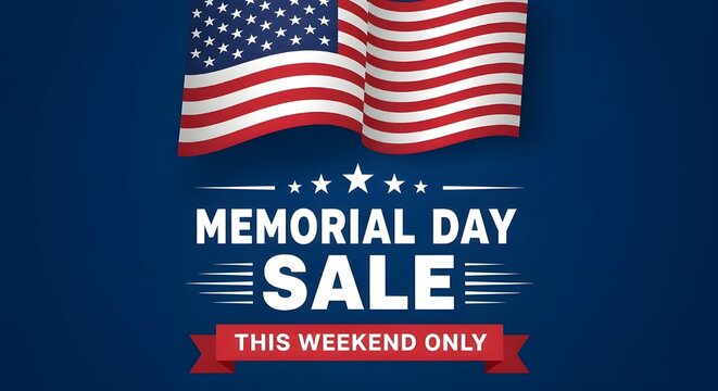 Memorial day sale banner with american flag and text on a blue background
