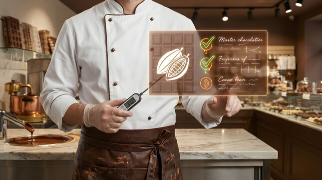 Master chocolatier holding a digital thermometer and interacting with a holographic cocoa bean quality control menu isolated on transparent background.