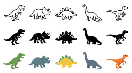 Fototapeta premium Various dinosaur illustrations are presented in outline, solid silhouette, and vibrant colored styles, perfect for educational materials or children's designs.