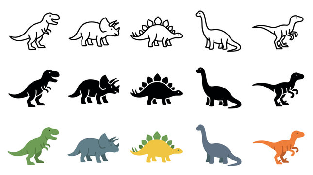 Various dinosaur illustrations are presented in outline, solid silhouette, and vibrant colored styles, perfect for educational materials or children's designs.