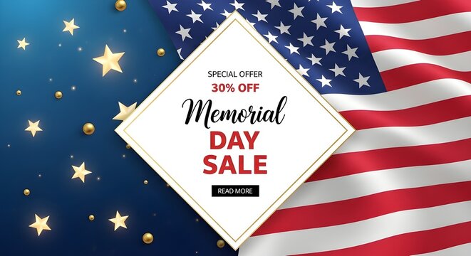 Memorial day sale banner with american flag and golden stars on blue background