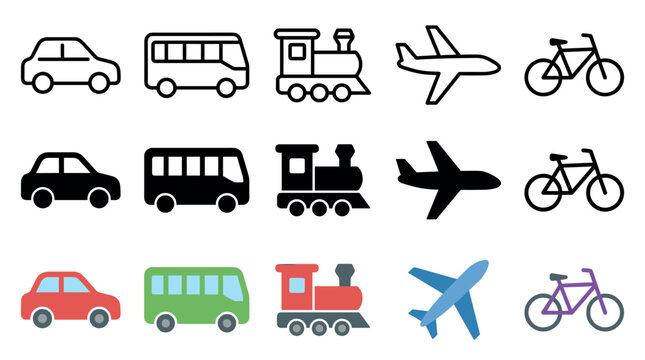 Transportation vehicle icons set featuring different modes of travel, presented in outline, solid silhouette, and vibrant color variations for diverse design needs.