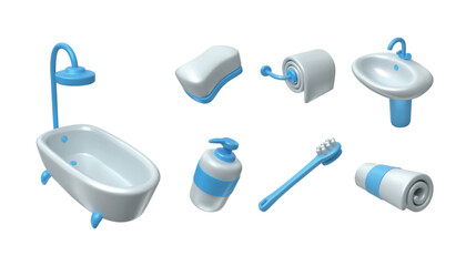 Fototapeta premium 3d bath render set. Hygiene products, toilet paper and care spray as bathroom accessories for washing, cosmetic and detergent sanitary products. Toothbrush and soap. Vector cute glossy objects