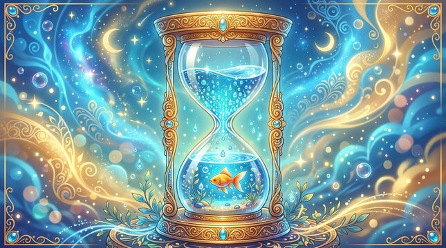 Surreal Digital Art of an Hourglass with Blue Ocean Water and Waves Inside instead of Sand Representing Passing of Time and Tides