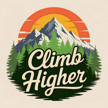 Mountain landscape with trees and sunset behind hhh climb higher graphic
