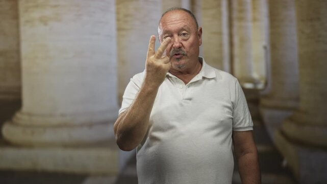 Senior hispanic man holds two fingers to eye and gestures with raised hand while standing among large stone columns in a building; curiosity reflection.