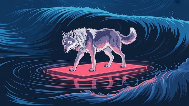 A wolf stands on a red platform in the ocean with a wave