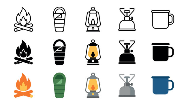 Camping and outdoor adventure equipment icons collection features various essential gear like a campfire, sleeping bag, lantern, stove, and mug in different styles.