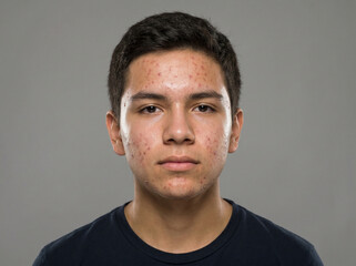 Fototapeta premium Teenage boy with moderate acne vulgaris showing papules pustules and blackheads on face, adolescent skin problem dermatology concept