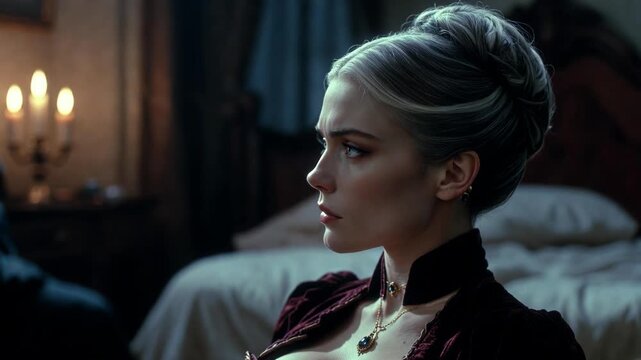 A woman in Victorian attire sitting indoors in cinematic style on a dim bedroom background, concept of nostalgia