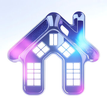 A shiny, futuristic house icon with glowing windows and a holographic effect glows in purple and blue hues on a white background with hhh reference.