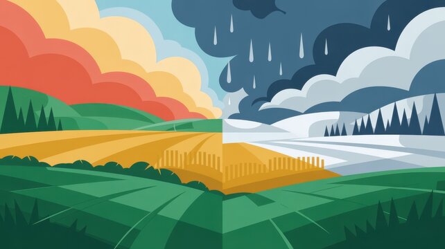 Conceptual flat vector illustration showing split weather patterns over a rural landscape