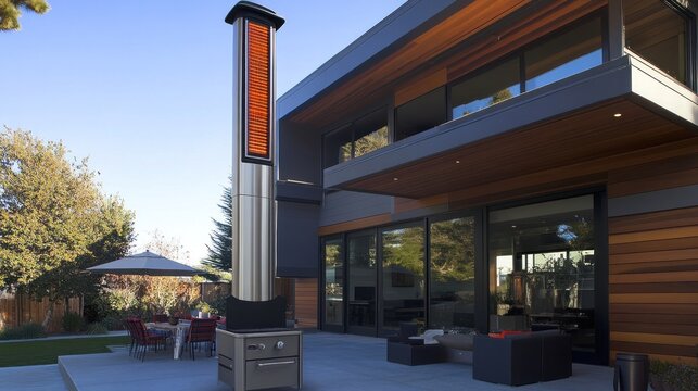 Modern home exterior with outdoor heater, patio furniture, and backyard