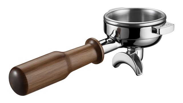 A professional espresso machine portafilter with wooden handle and stainless steel components on a white background