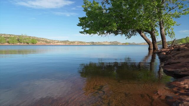 Horsetooth Reservoir in Colorado foothills near Fort Collins, springtime calm scenery with a light breeze