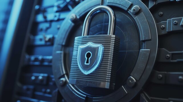 This detailed professional photograph showcases a polished metal padlock featuring a glowing blue shield symbol that signifies high level protection and robust digital data security systems.