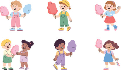 Fototapeta premium Diverse Cute Cartoon Children Character Set Eating and Sharing Fluffy Sweet Cotton Candy Treats for Amusement Park and Birthday Party Designs
