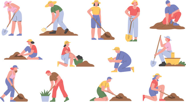 Agricultural Farmers and Gardeners Character Vector Set Digging Soil Planting and Working with Shovels for Organic Farming and Gardening Designs