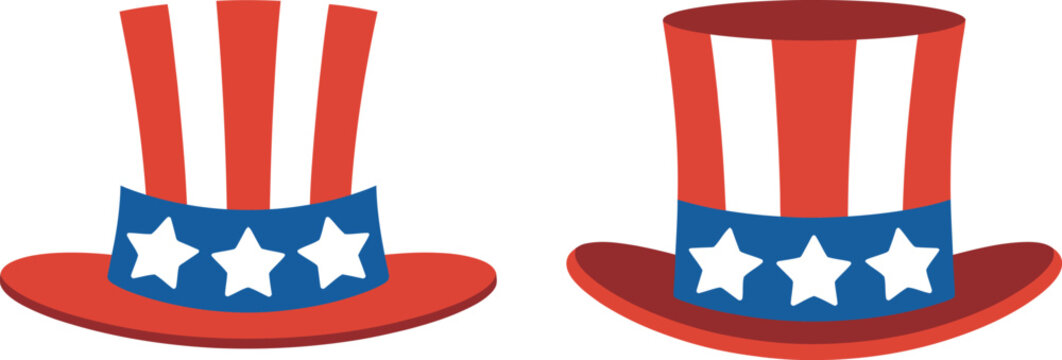 Patriotic, Uncle Sam hats for Fourth of July celebration, American independence day vector illustration collection.