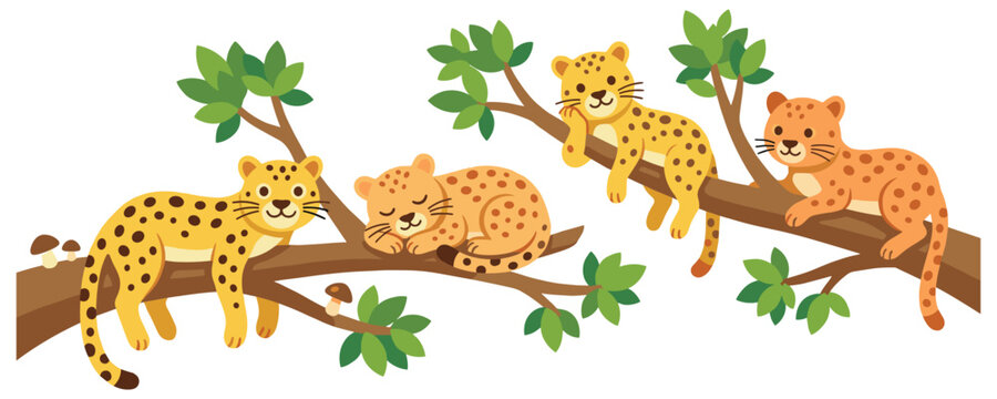Group of cute leopards resting on tree branches in flat vector illustration.