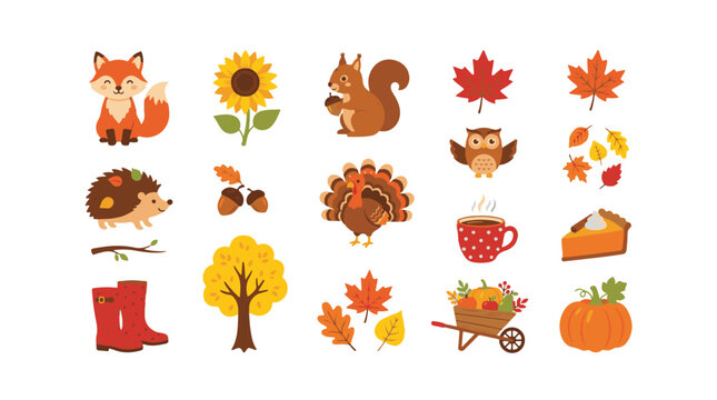 Set of Autumn Fall Season Icons and Elements
