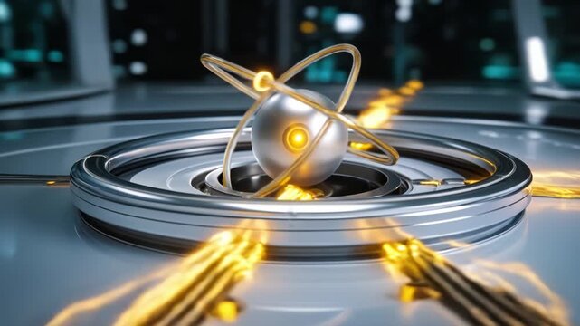 Quantum Atom Science Concept with Glowing Electrons and Metallic Laboratory Research Equipment Background