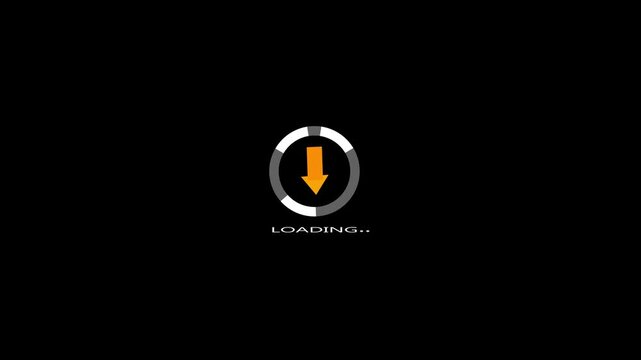 Bright download progress animation. Round loading bar with arrow icon on black background, rotating loading bar with a downward arrow icon, animated round loading video icon.