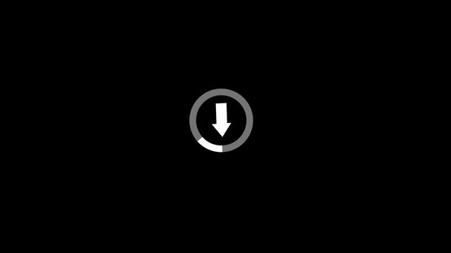 Bright download progress animation. Round loading bar with arrow icon on black background, rotating loading bar with a downward arrow icon, animated round loading video icon.