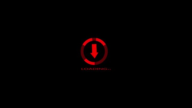 Bright download progress animation. Round loading bar with arrow icon on black background, rotating loading bar with a downward arrow icon, animated round loading video icon.