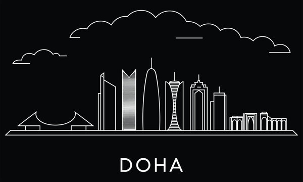 Silhouette of doha skyline with skyscrapers and traditional dhow boats