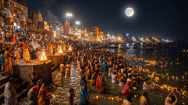 Sacred Jyeshtha Purnima Ganga Aarti Under Full Moon &ndash; Devotees Worship at Illuminated Temple Ghats