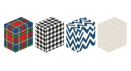 Obraz premium Set of four isometric cubes with different fabric patterns including tartan, houndstooth, chevron, and herringbone textures