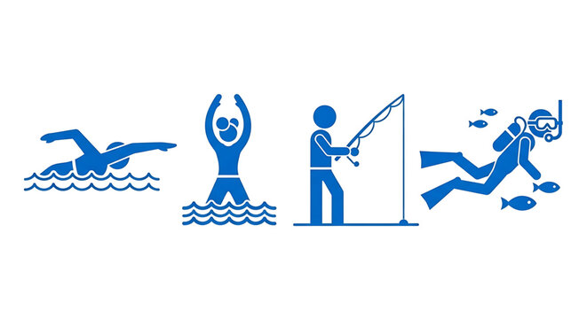 Set of blue icons depicting various water activities including swimming, wading, fishing, and scuba diving