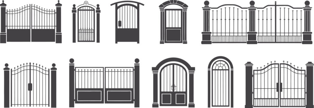 Open, gate icon set featuring entrance access doorway and entry symbols, modern flat vector illustration collection.