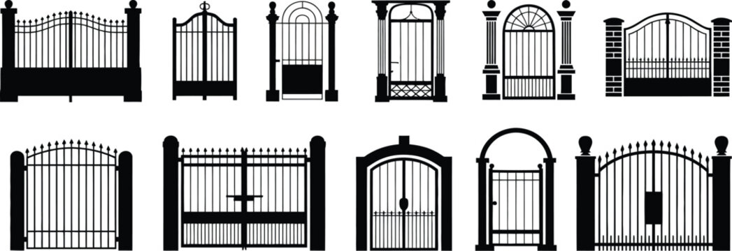 Open, gate icon set featuring entrance access doorway and entry symbols, modern flat vector illustration collection.