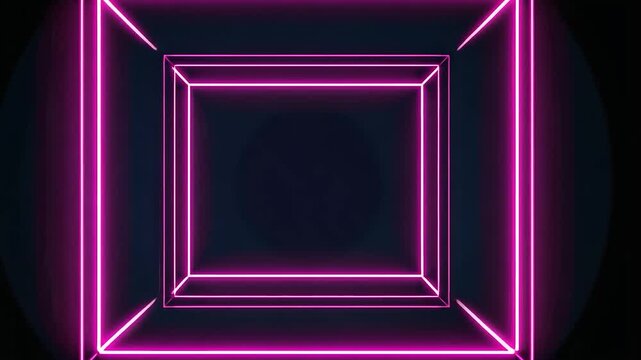 Vibrant pink neon square frame glows brightly in dark background with abstract design