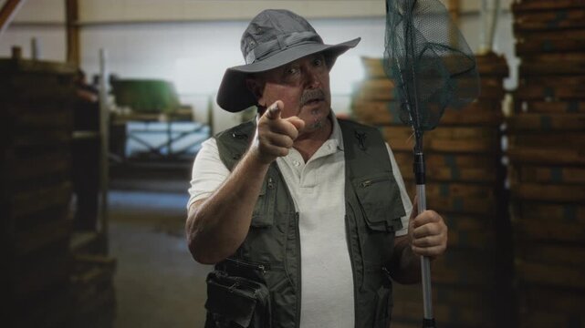 Man pointing finger while holding a fishing landing net, wearing a brim hat and fishing vest inside a dim warehouse stacked with crates; firm warning.