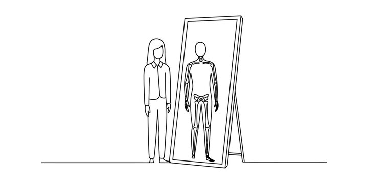 Woman looking in a mirror at her skeleton reflection, concept of inner self and anatomy