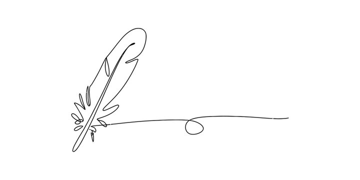 Single continuous line drawing of a quill pen writing a curly flourish, minimalist art Vector, illustration