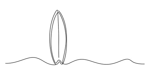 Single line drawing of a surfboard standing upright in wavy water, minimalist vector art. © Jotish_Design Store