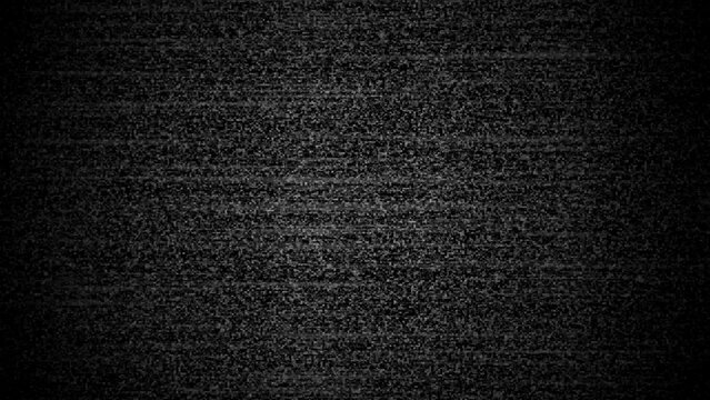 Gritty monochrome television static pattern showing a dense field of black and white digital noise resembling an analog signal loss on a retro cathode ray tube screen with a subtle dark vignette