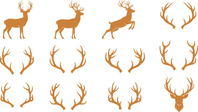 Deer Silhouette and Antler Vector Icon Set with Buck Stag Horn Symbols for Hunting Clubs, Wildlife Nature Logos, Winter Christmas Graphics, and Rugged Forest Designs