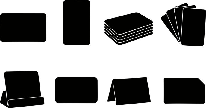 Collection of black flat icons representing various business cards and presentation stands isolated on a white background for graphic design purposes