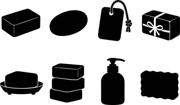 Collection of black silhouette icons representing various hygiene and bath products including soaps a giftwrapped bar and a pump dispenser