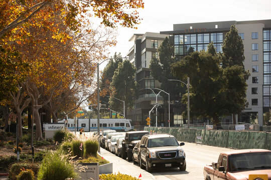 Sunnyvale, California, USA - November 17, 2021: A Valley Transportation Authority light rail train passes through downtown.