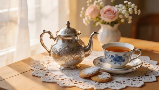 Tea set with cookies and flowers