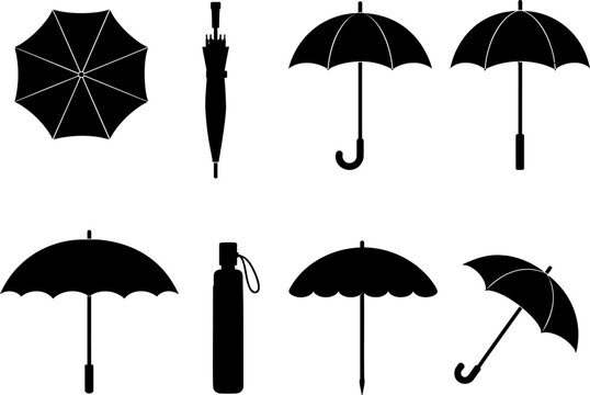 Collection of black silhouette icons representing various umbrellas in different open and closed positions and styles isolated on a transparent background