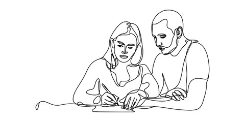 Man and woman drawing together with single line art style, focused on work, collaboration, and creativity Vector, illustration © Bobita