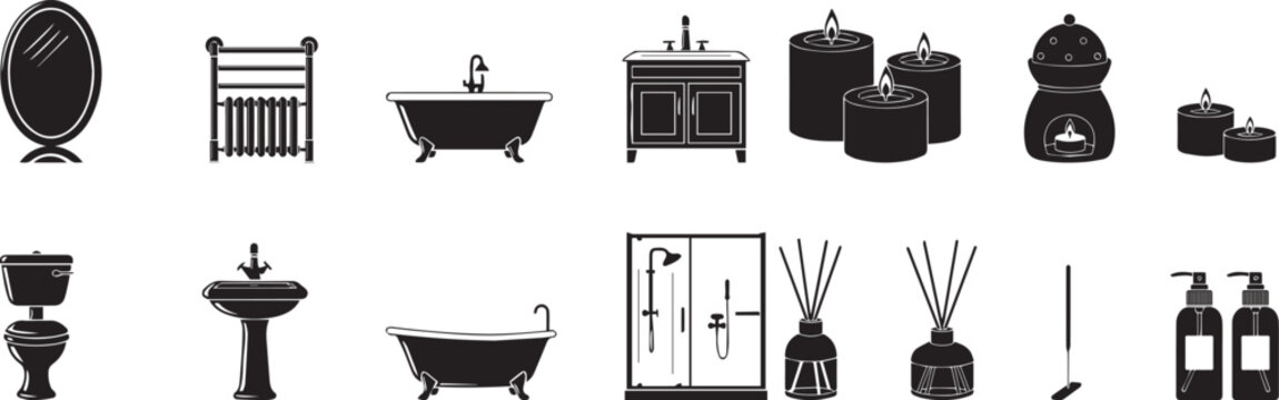 Minimal black bathroom furniture and accessories vector icon set, modern home interior sanitary collection, bathtub sink shower diffuser candle bottle silhouettes