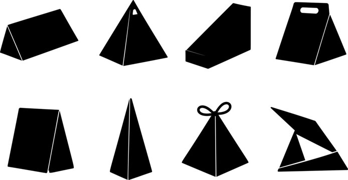 Collection of diverse black silhouette geometric packaging boxes and gift boxes isolated on white background graphic resources